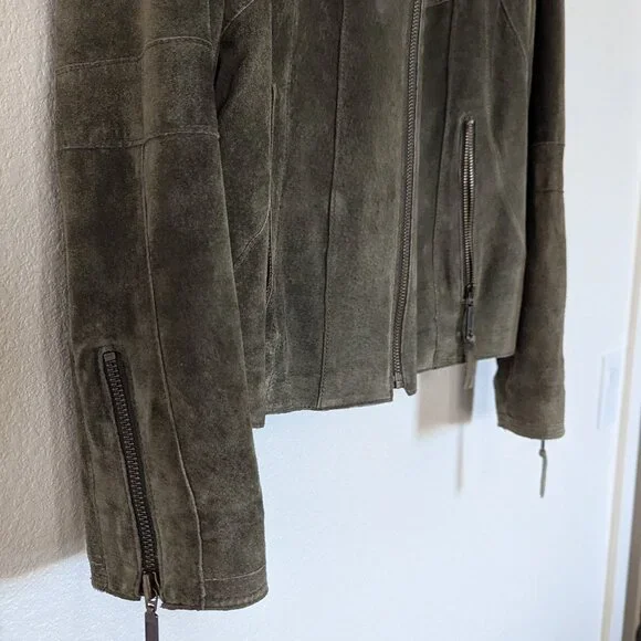 Alfani Leather Suede Short Boho Biker Standup Neck Jacket Dark Olive Green - Picture 8 of 14